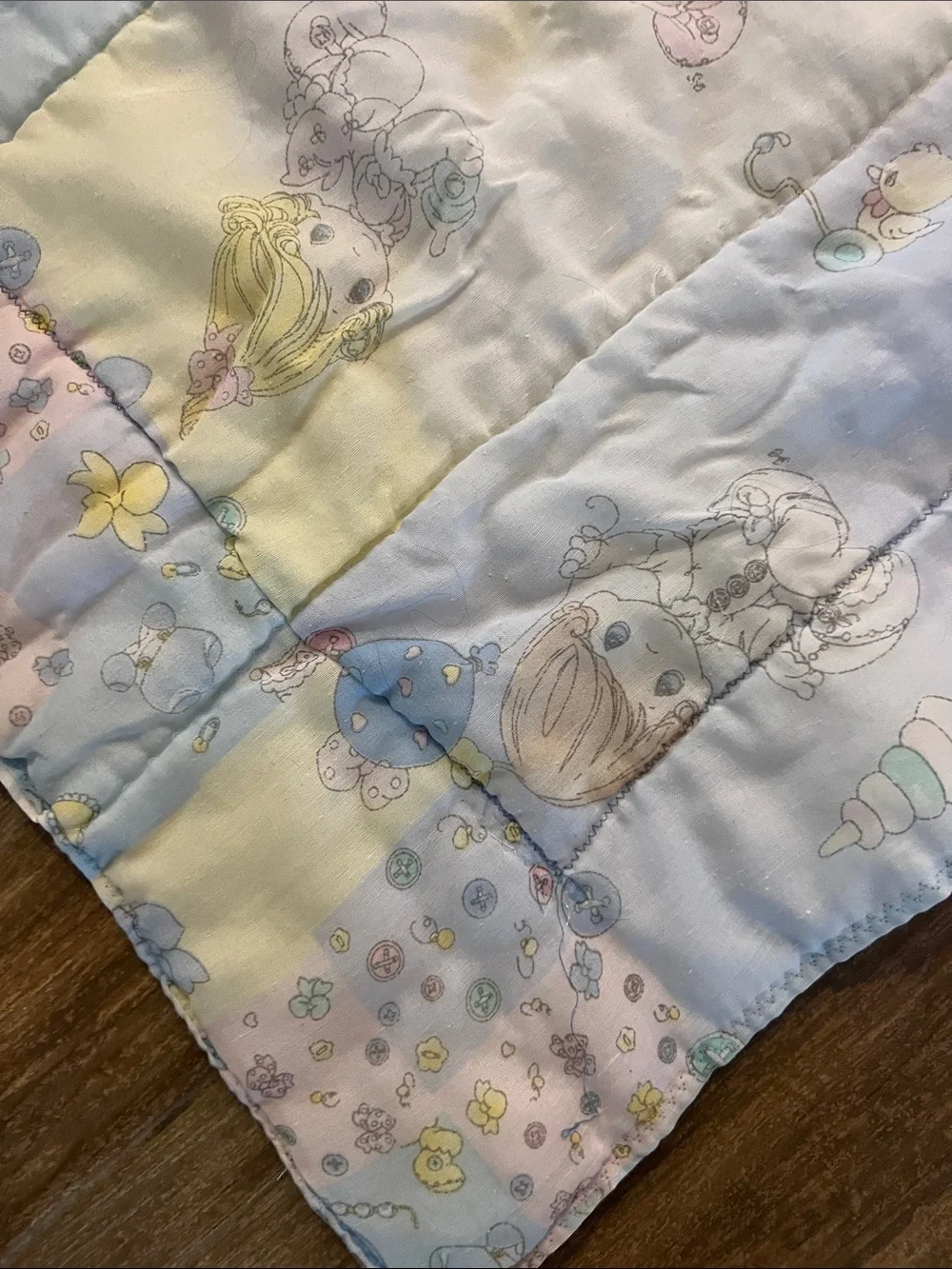 Precious moments vtg Baby Patchwork Crib Quilt - Pastel Blue & Yellow 40x29